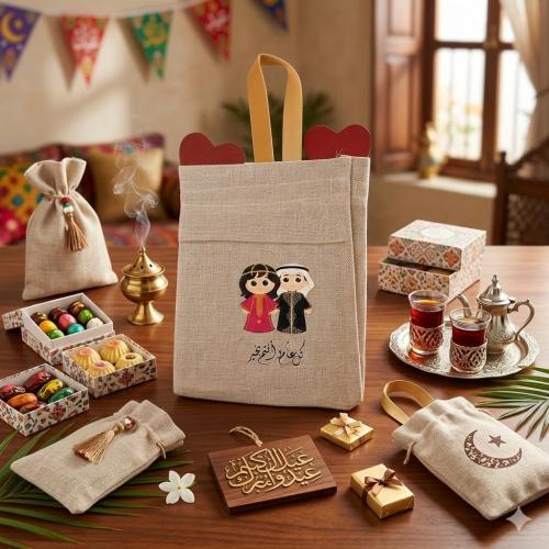 كيس توزيعات العيد القماشي - تصميم "فرحة طفلين" بخا...