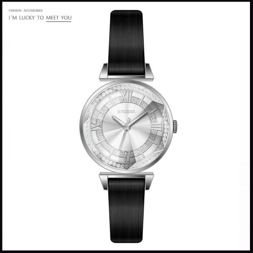 ساعة نسائية بسوار جلد أسود من بروشا BR1028