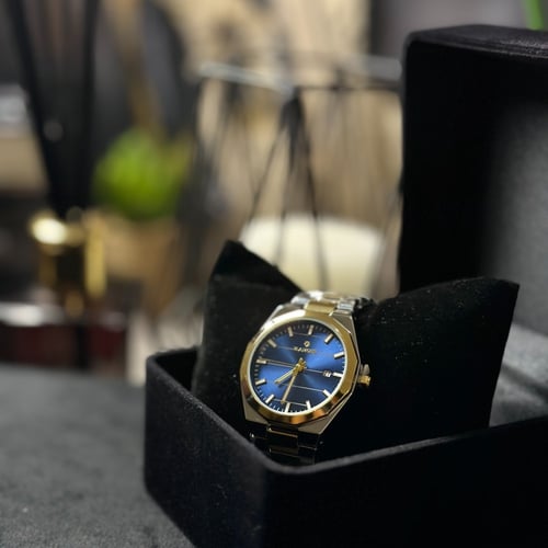 ساعة يد رجالية بسوار ذهبي وفضي ومينا زرق VR1004