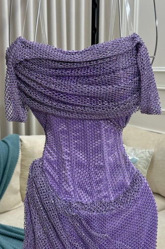 فستان سهره أوف شولدر ثلاث الوان فوشي و اخضر وموف