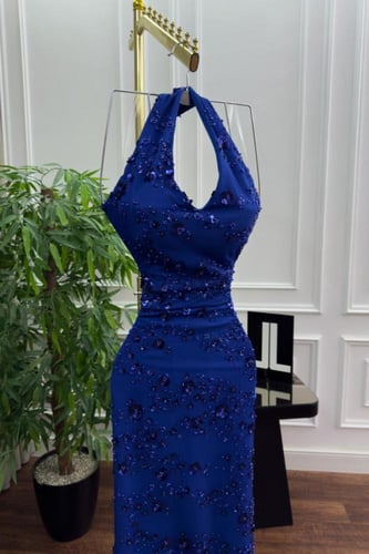 فستان سهرة ناعم بترتر بلونين ازرق واحمر