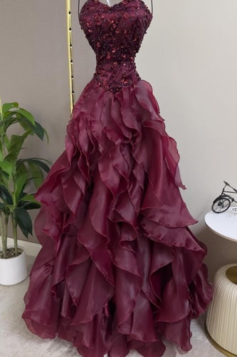 فستان سهرة آنيق مطرز فاخر لون عودي