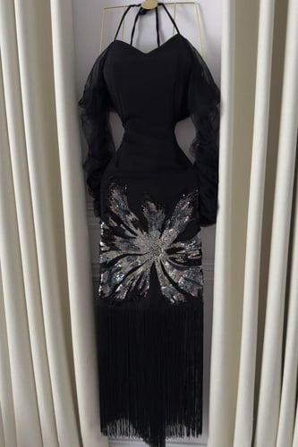 فستان سهره أوف شولدر بالحبال لون اسود