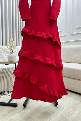 فستان ناعم بأكمام طويلة لون أحمر