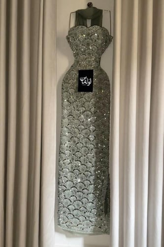 فستان سهره توب بشال خارجي لون زيتوني