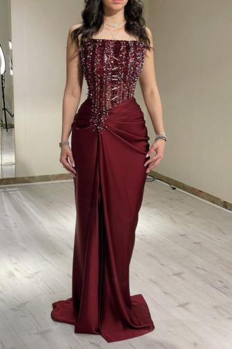 فستان سهره توب مزين بالخرز لون برغندي