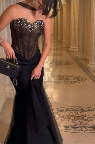 فستان سهره توب مزين بالكرستال لون أسود