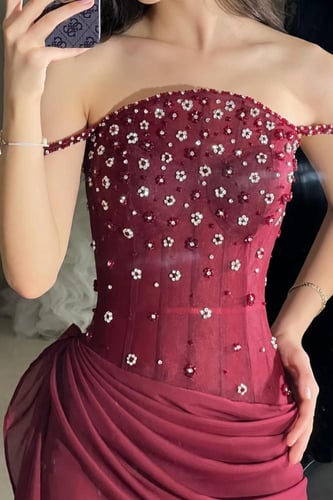 فستان سهره اوف شولدر مزين بالفصوص لونين