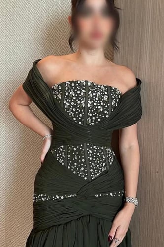 فستان سهره أوف شولدر لون زيتي