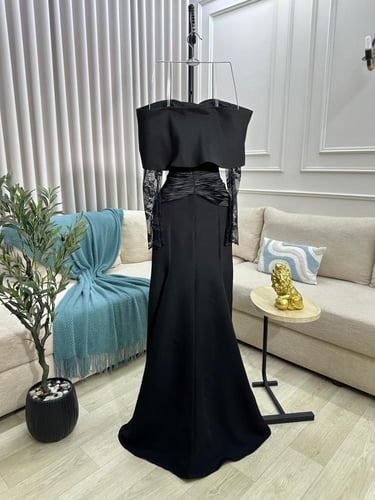 فستان سهرة أوف شولدر بلونين اسود و عودي