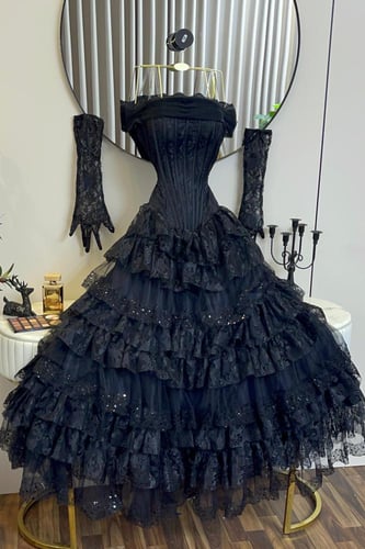 فستان سهرة بلونين اسود و عودي