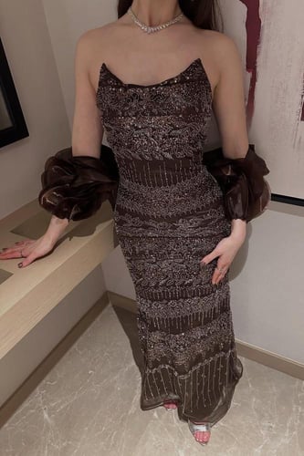 فستان سهره أوف شولدر با لون بني