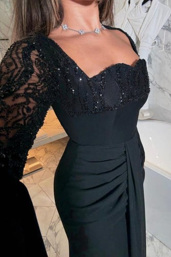 فستان سهره بأكمام طويلة لون أسود