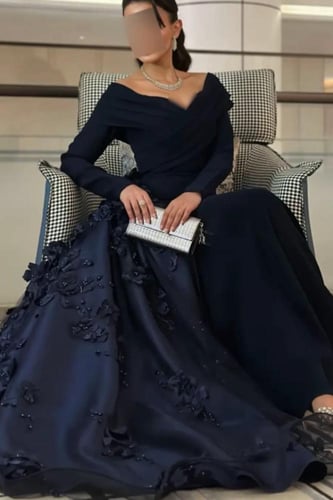 فستان سهره أوف شولدر بذيل لون كحلي