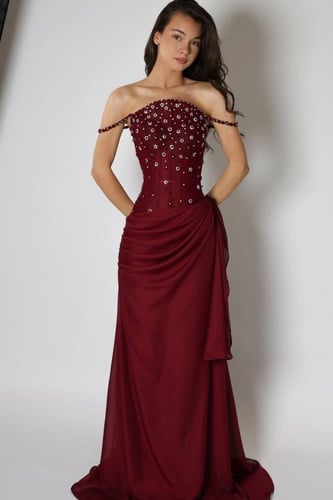 فستان سهره اوف شولدر مزين بالفصوص لونين