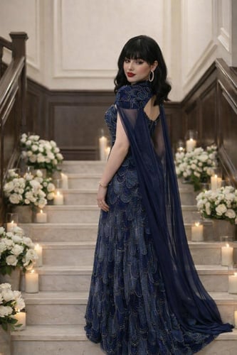 فستان سهرة كحلي فاخر بتطريز ملكي وكاب انسيابي