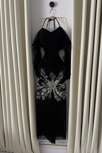 فستان سهره أوف شولدر بالحبال لون اسود