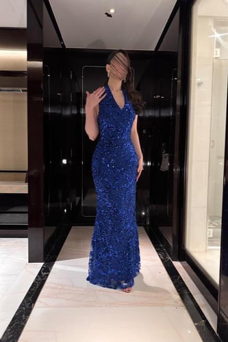 فستان سهرة ناعم بترتر بلونين ازرق واحمر