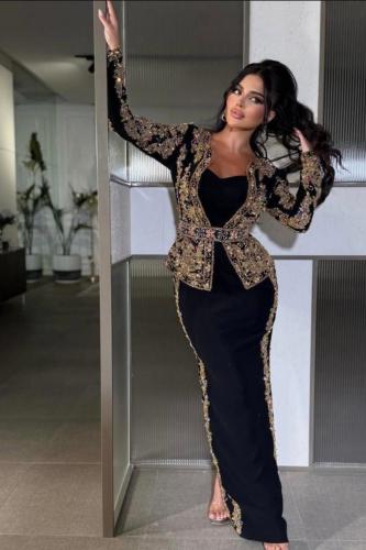 فستان سهره نسائية قطعتين مزين بالخرز لون أسود