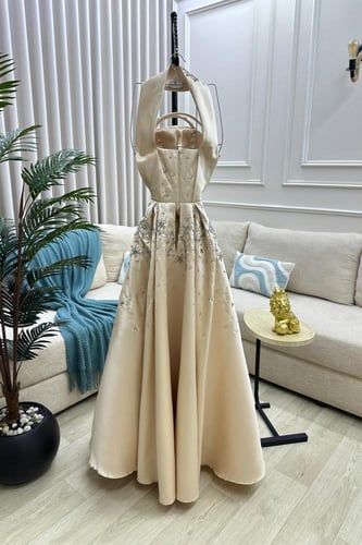 فستان سهره توب مزين بالخرز لون ذهبي فاتح لامع