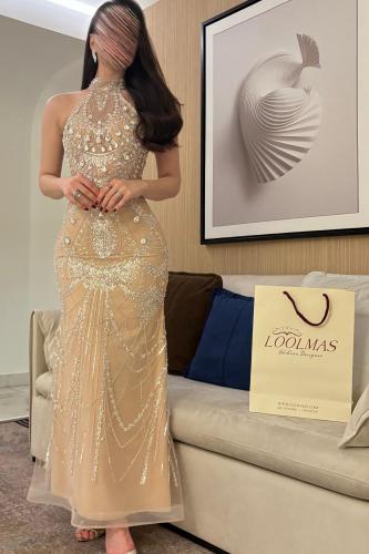 فستان سهره مشغول لون بيج