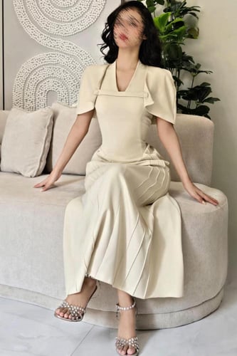 فستان ناعم اوف شولدر لون بيج