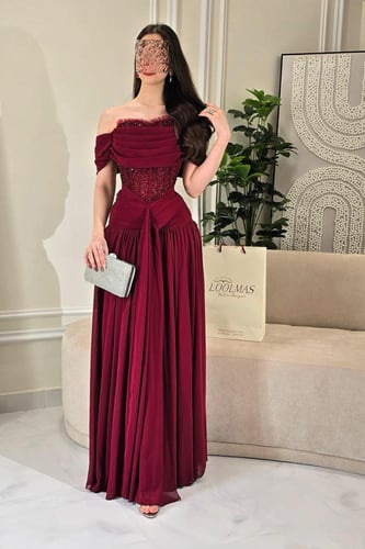 فستان سهره أوف شولدر بعدة الون موف و بني و عودي