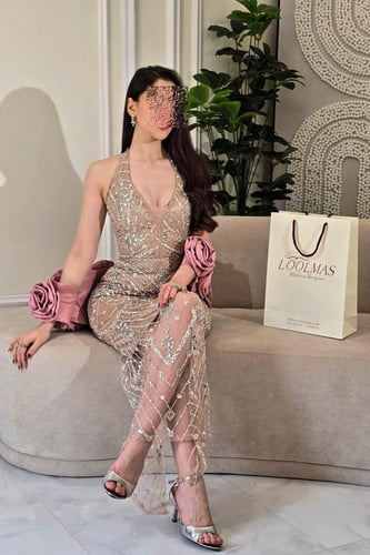 فستان سهره أوف شولدر مشغول لون بيج