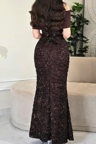 فستان سهره مشغول باللونين عودي و بني