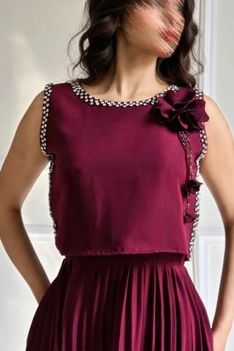 فستان ناعم اوف شولدر لونين برغندي و اصفر