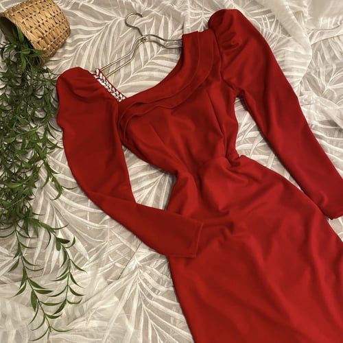 فستان سهرة ناعم كم طويل اللون أحمر