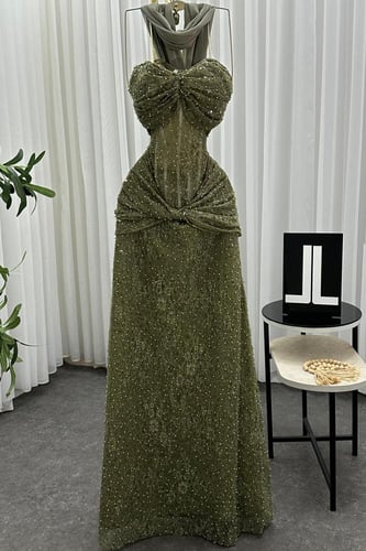 فستان سهره توب بشال خارجي لون زيتون