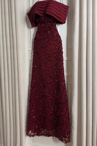 فستان سهره مشغول باللونين عودي و بني