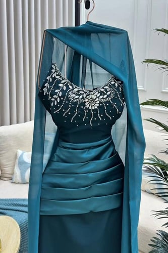 فستان سهره توب بشال لون تركوازي