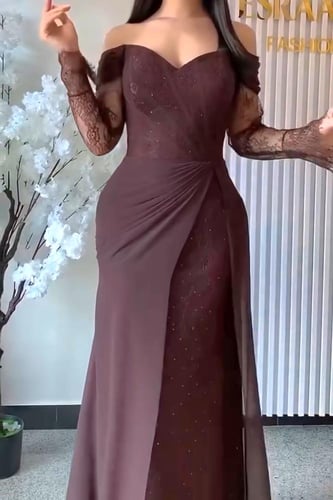 فستان سهره أوف شولدر بأكمام طويلة لون بني