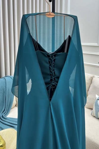 فستان سهره توب بشال لون تركوازي