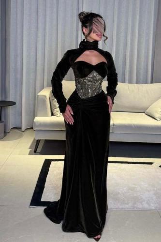 فستان سهرة أنيق شتوي لون زيتي