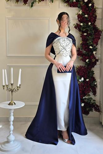 فستان سهره توب بأكمام مزين بالكرستال لون كحلي وابي...