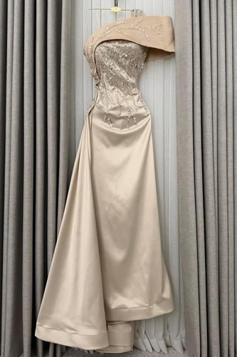 فستان سهره ناعم اوف شولدر لون بيج
