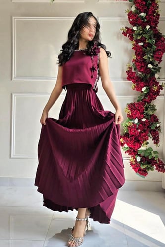 فستان ناعم اوف شولدر لونين برغندي و اصفر