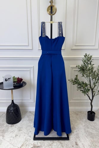 فستان سهره كت مزين بالخرز لون أزرق