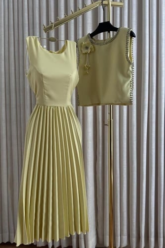 فستان ناعم اوف شولدر لونين برغندي و اصفر