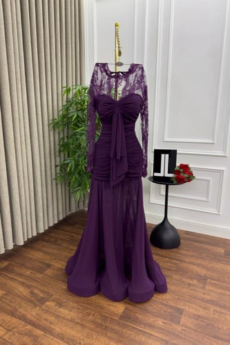 فستان سهره خناقي بأكمام طويلة لون موف