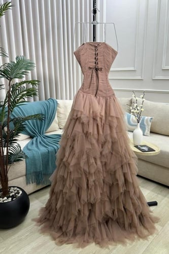 فستان سهره منفوش لون بيج ترابي