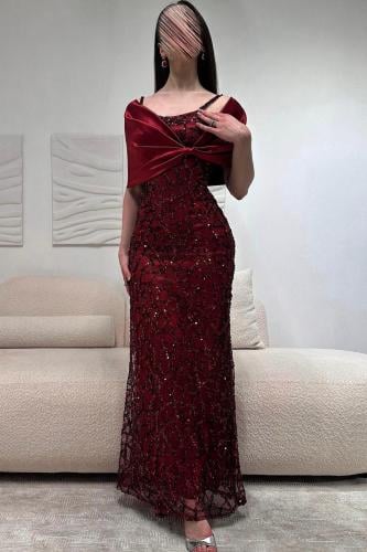 فستان سهره أوف شولدر مشغول لون احمر