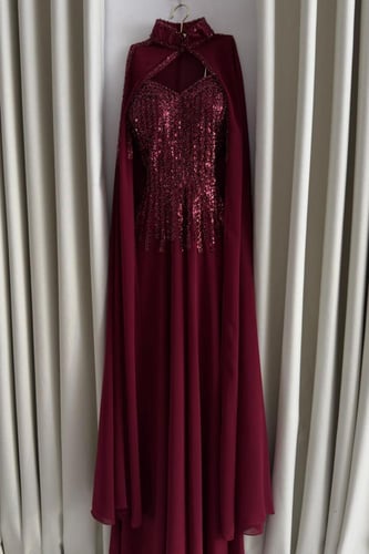 فستان سهره توب بشال خارجي بالخرز بالون العنابي