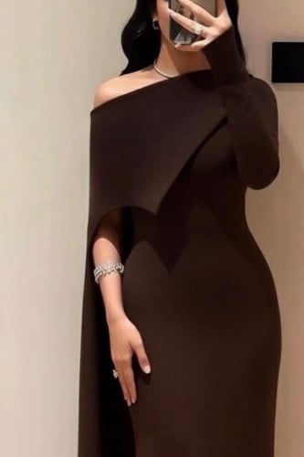 فستان سهرة أوف شولدر بلونين عودي و بني