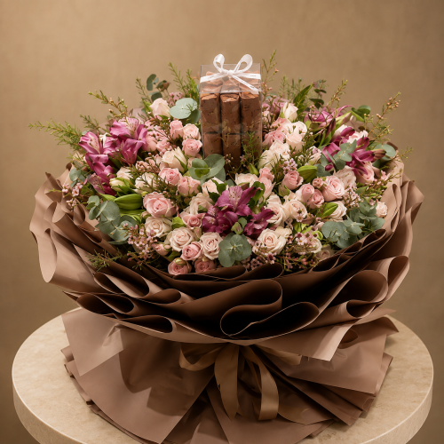 Chocolate loaf with a bouquet of natural flowers