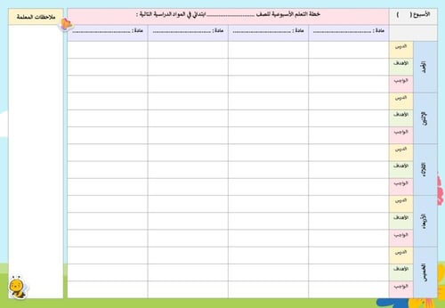 خطة أسبوعية مفرغة للمرحلة الابتدائية