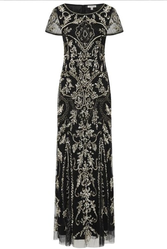 فستان وورب طويل مزين باللونين الأسود والذهبي